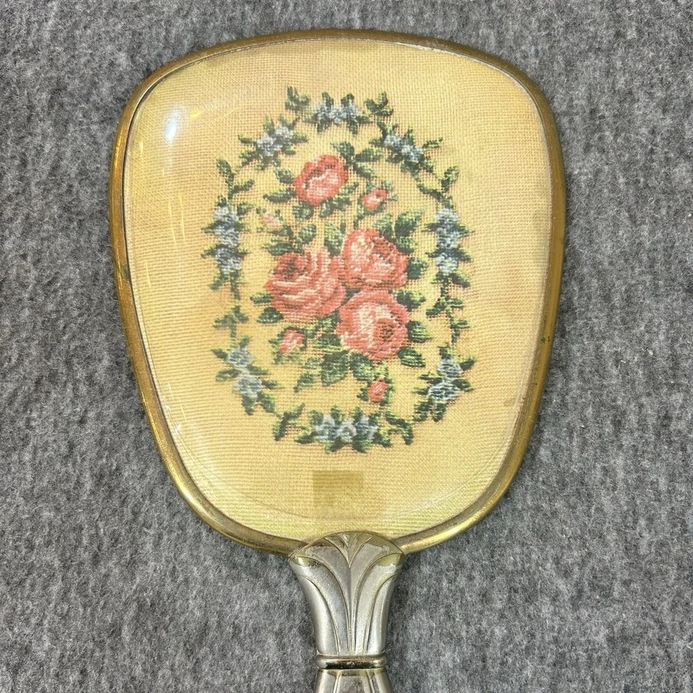 Mid Century Vintage Vanity Mirror Floral Paper Insert Gold Tone Handle Boudoir